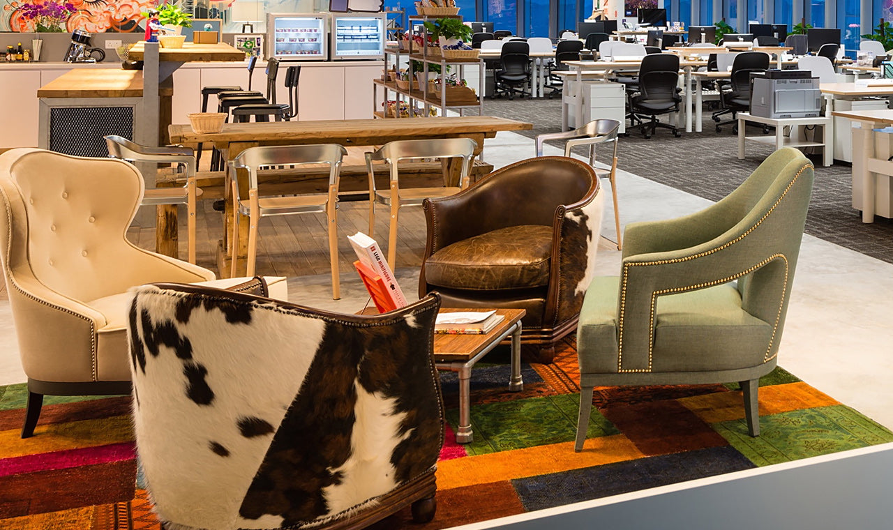 Vibrant patchwork Persian rug by Al-Shahzadi HK Ltd. installed in the Facebook (Meta) Headquarters Hong Kong office lounge.