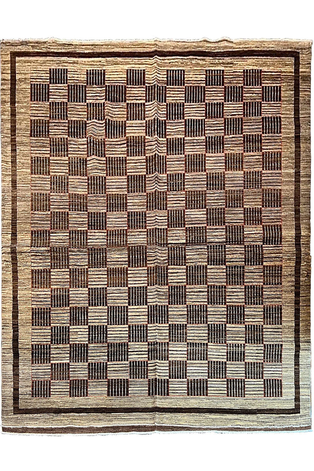 Large hand-knotted #3466 Gabbeh rug with geometric tribal patterns, soft high-pile wool on a durable cotton base by AL-SHAHZADI HK LIMITED (11'4" x 9'3").