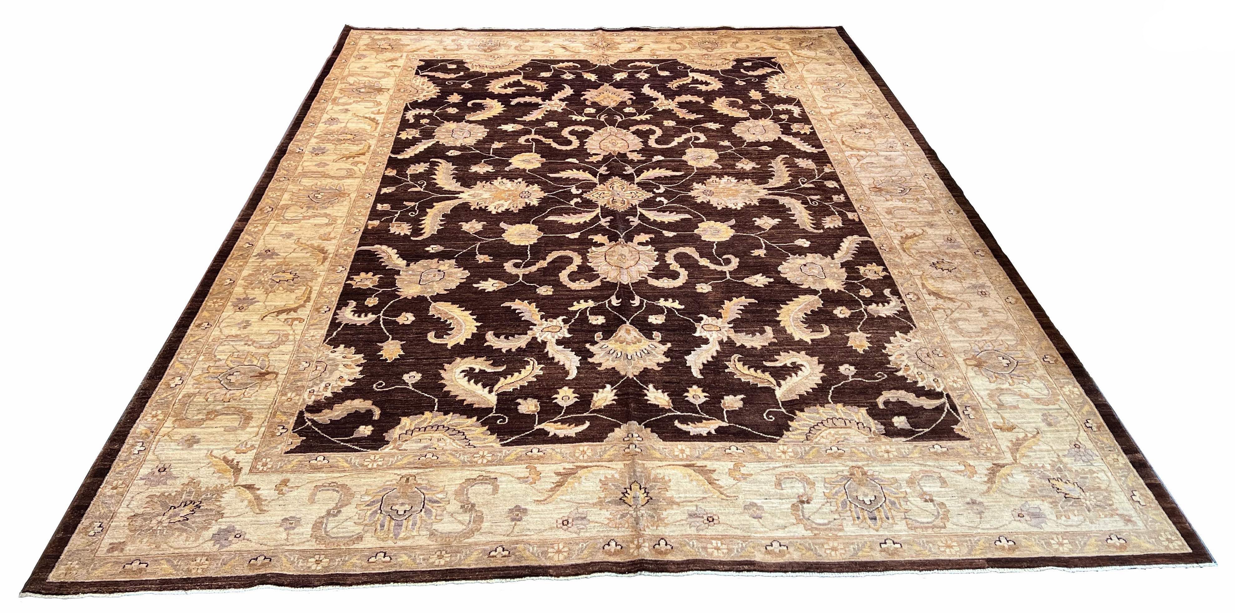 Rustic handmade Afghani Chobi rug with golden wheat field and botanical patterns on a white cotton base #4075.