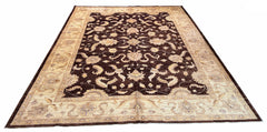 Rustic handmade Afghani Chobi rug with golden wheat field and botanical patterns on a white cotton base #4075.