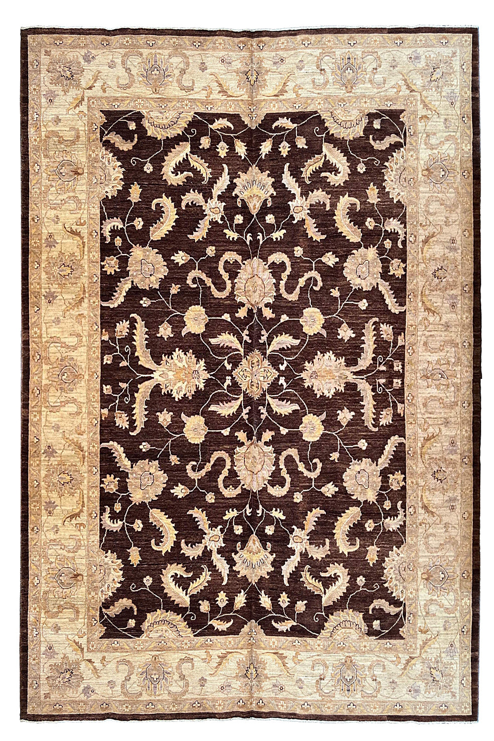 Rustic handmade Afghani Chobi rug with golden wheat field and botanical patterns on a white cotton base #4075.