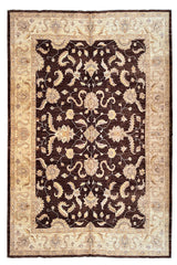 Rustic handmade Afghani Chobi rug with golden wheat field and botanical patterns on a white cotton base #4075.
