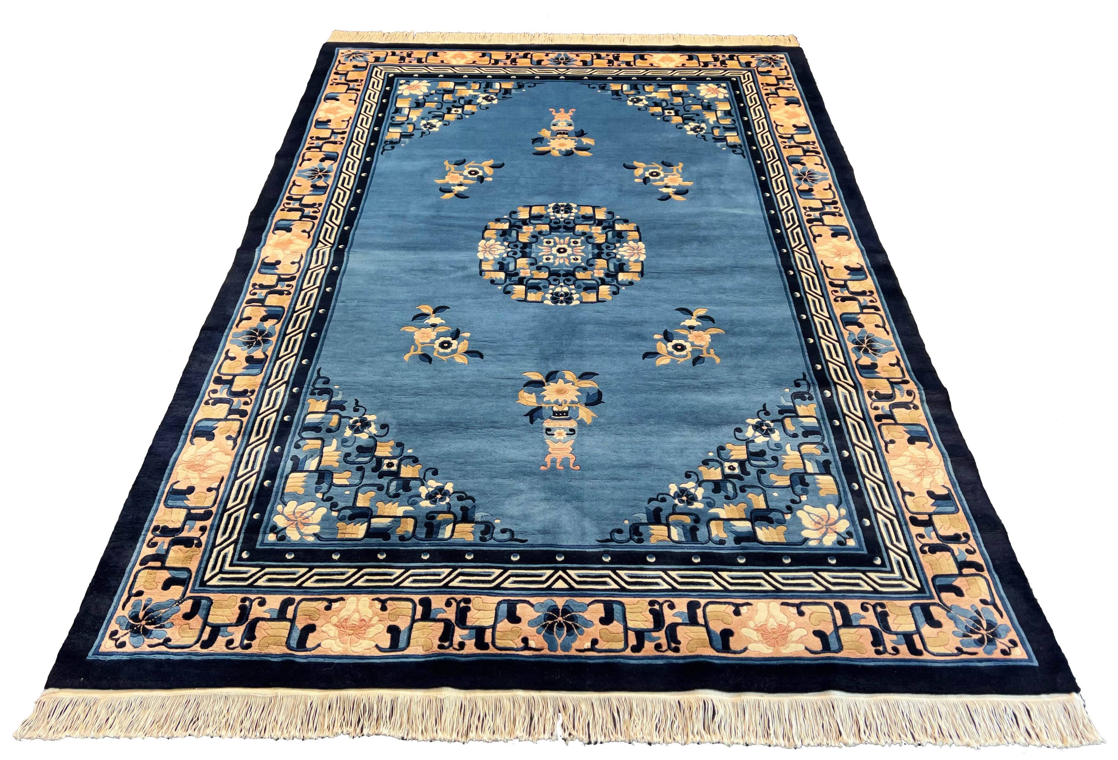 Hand-knotted Chinese vintage wool rug featuring golden wheat and blue botanical patterns - #277-97917.