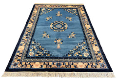 Hand-knotted Chinese vintage wool rug featuring golden wheat and blue botanical patterns - #277-97917.