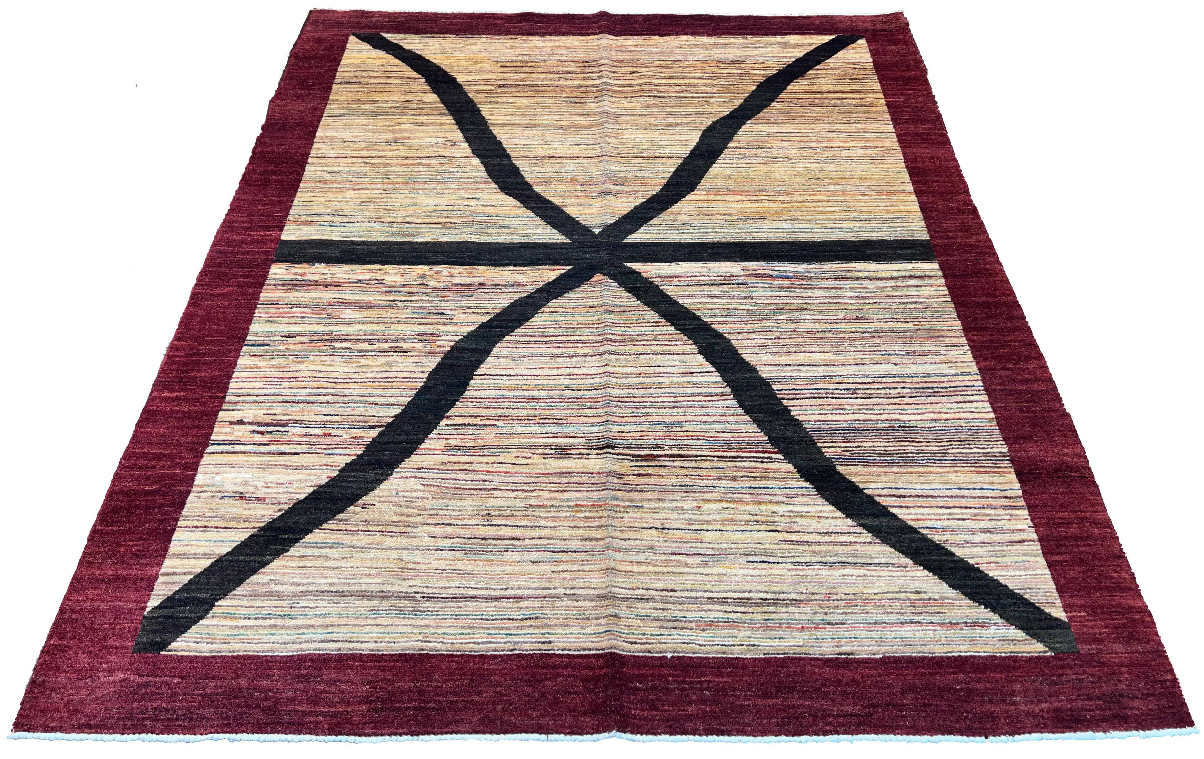 Hand-knotted curvilinear X-pattern Gabbeh rug with plum burgundy border in wool on a cotton foundation #2276.