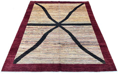 Hand-knotted curvilinear X-pattern Gabbeh rug with plum burgundy border in wool on a cotton foundation #2276.