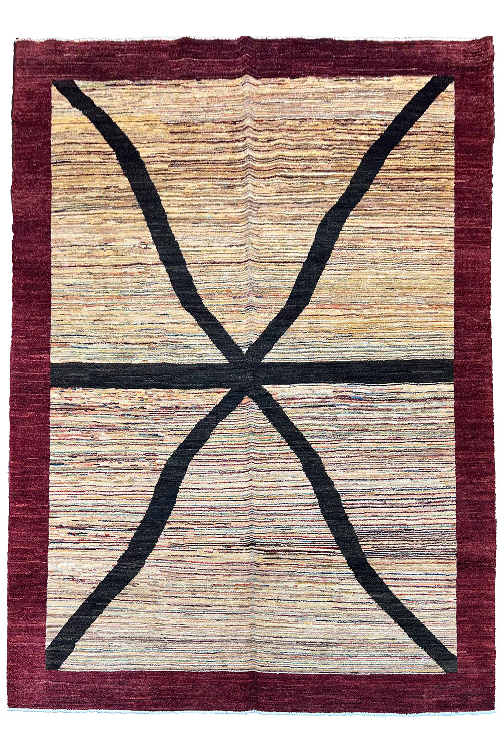 Hand-knotted curvilinear X-pattern Gabbeh rug with plum burgundy border in wool on a cotton foundation #2276.