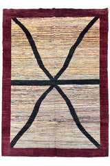 Hand-knotted curvilinear X-pattern Gabbeh rug with plum burgundy border in wool on a cotton foundation #2276.