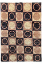 Hand-knotted geometric circular grid Gabbeh rug in cream, charcoal, and terracotta wool on a cotton foundation #3708.