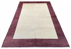 Hand-knotted minimalist border Gabbeh rug in cream and plum burgundy wool on a cotton foundation #3737.