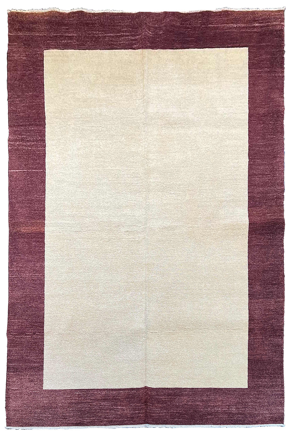 Hand-knotted minimalist border Gabbeh rug in cream and plum burgundy wool on a cotton foundation #3737.