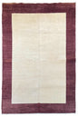 Hand-knotted minimalist border Gabbeh rug in cream and plum burgundy wool on a cotton foundation #3737.