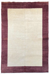Hand-knotted minimalist border Gabbeh rug in cream and plum burgundy wool on a cotton foundation #3737.