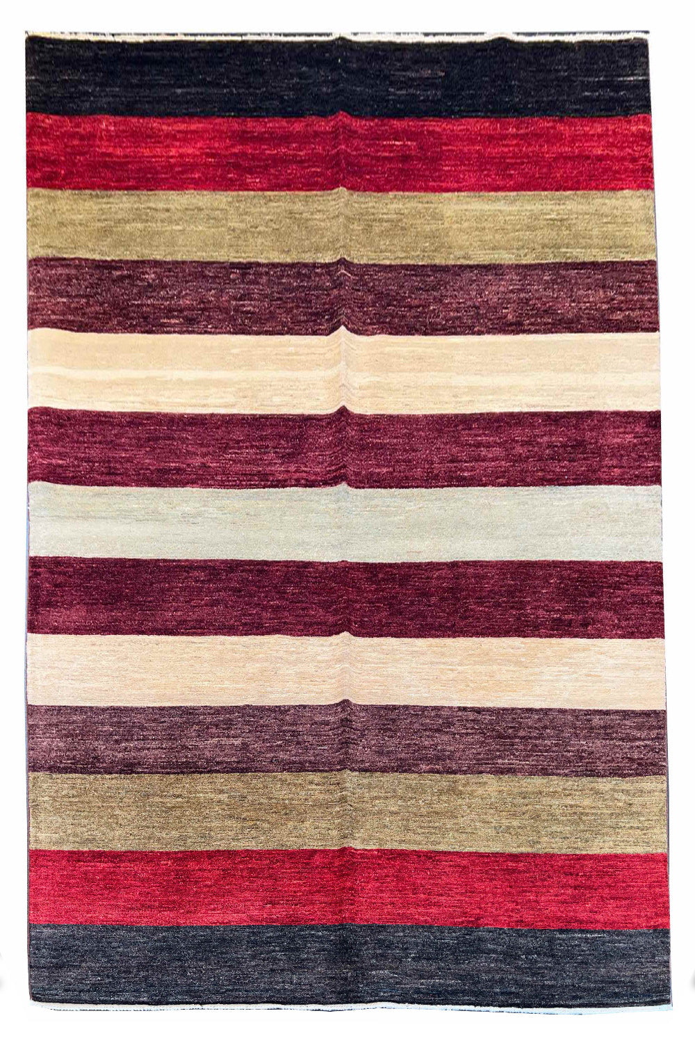 Hand-knotted multi-color horizontal stripe Gabbeh rug in burgundy, cream, and olive wool on a cotton foundation #3738.