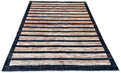 Hand-knotted multi-color thin horizontal stripe Gabbeh rug in charcoal and cream wool on a cotton foundation #2510.