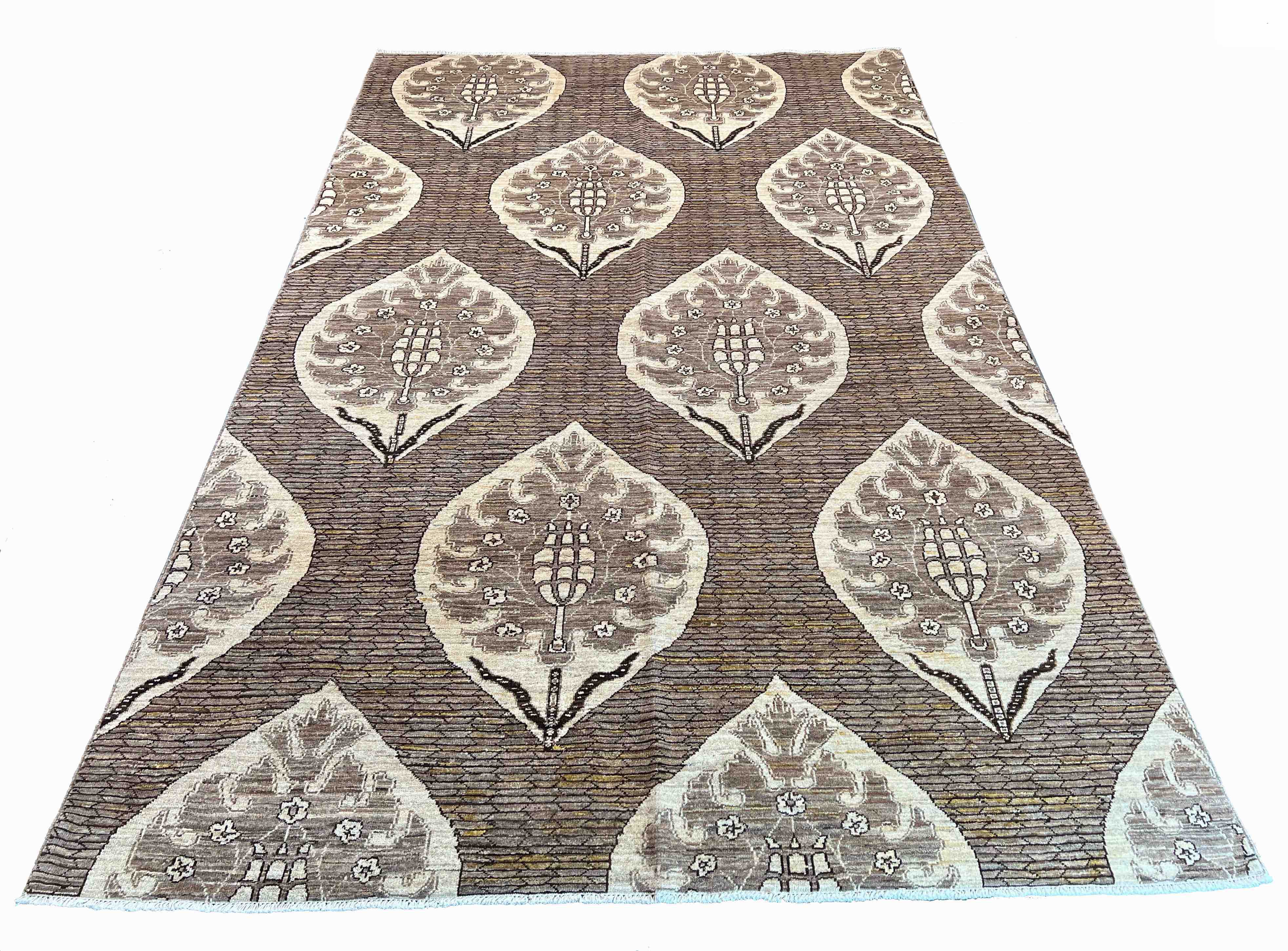 Hand-knotted Gabbeh rug in taupe wool on a cotton base with repeating ivory Boteh or paisley seed medallions - #5147.