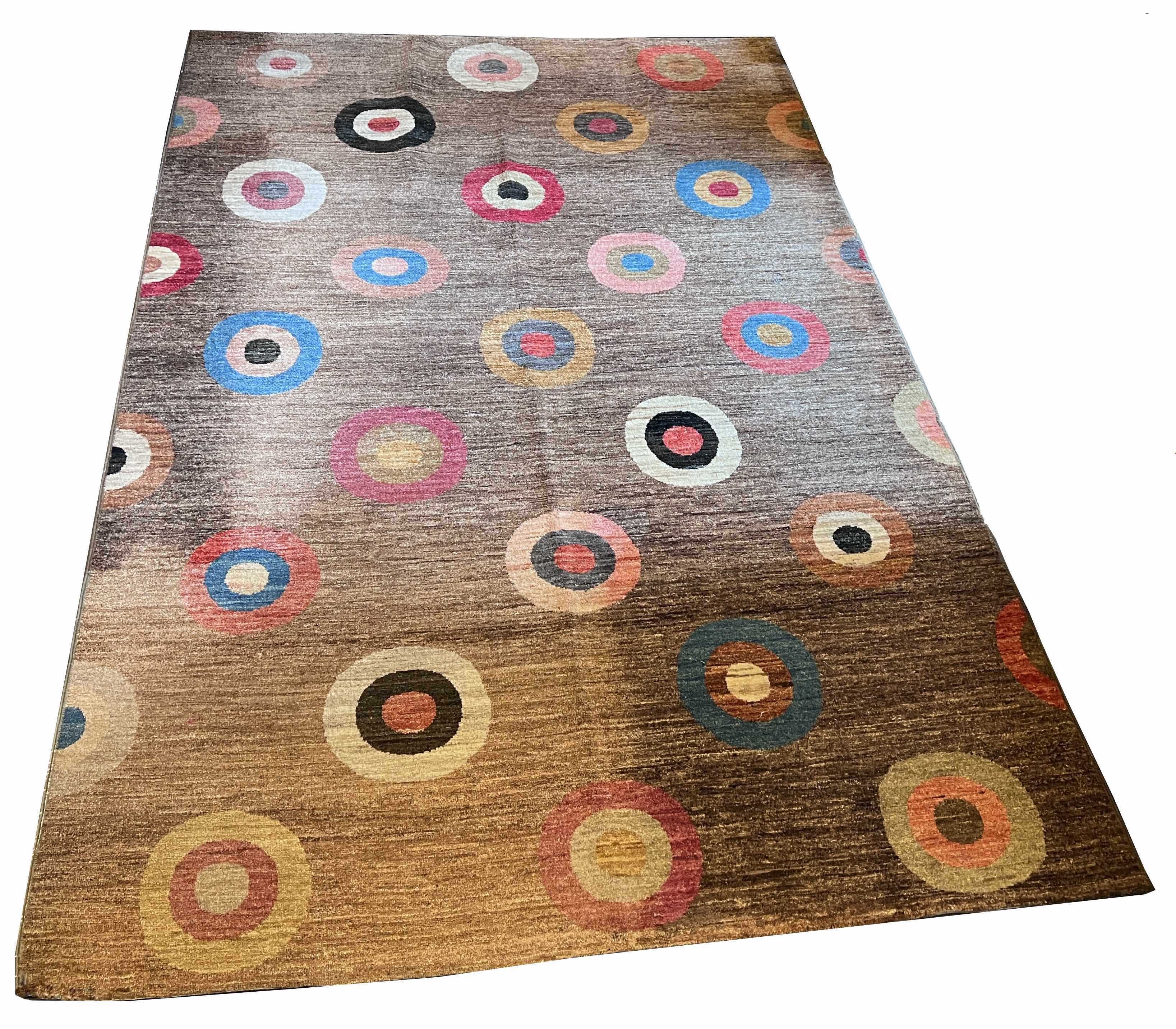 Hand-knotted Gabbeh rug in cocoa wool on cotton base featuring multi-color concentric polka dot motifs - #786-935.