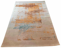 Hand-knotted modern abstract rug featuring a multi-color blend of gold, copper, and teal bamboo silk - #YM-A-104.
