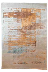 Hand-knotted modern abstract rug featuring a multi-color blend of gold, copper, and teal bamboo silk - #YM-A-104.