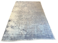Lustrous handmade modern abstract 100% blue bamboo silk rug with radiant light-reflecting textures #8347.