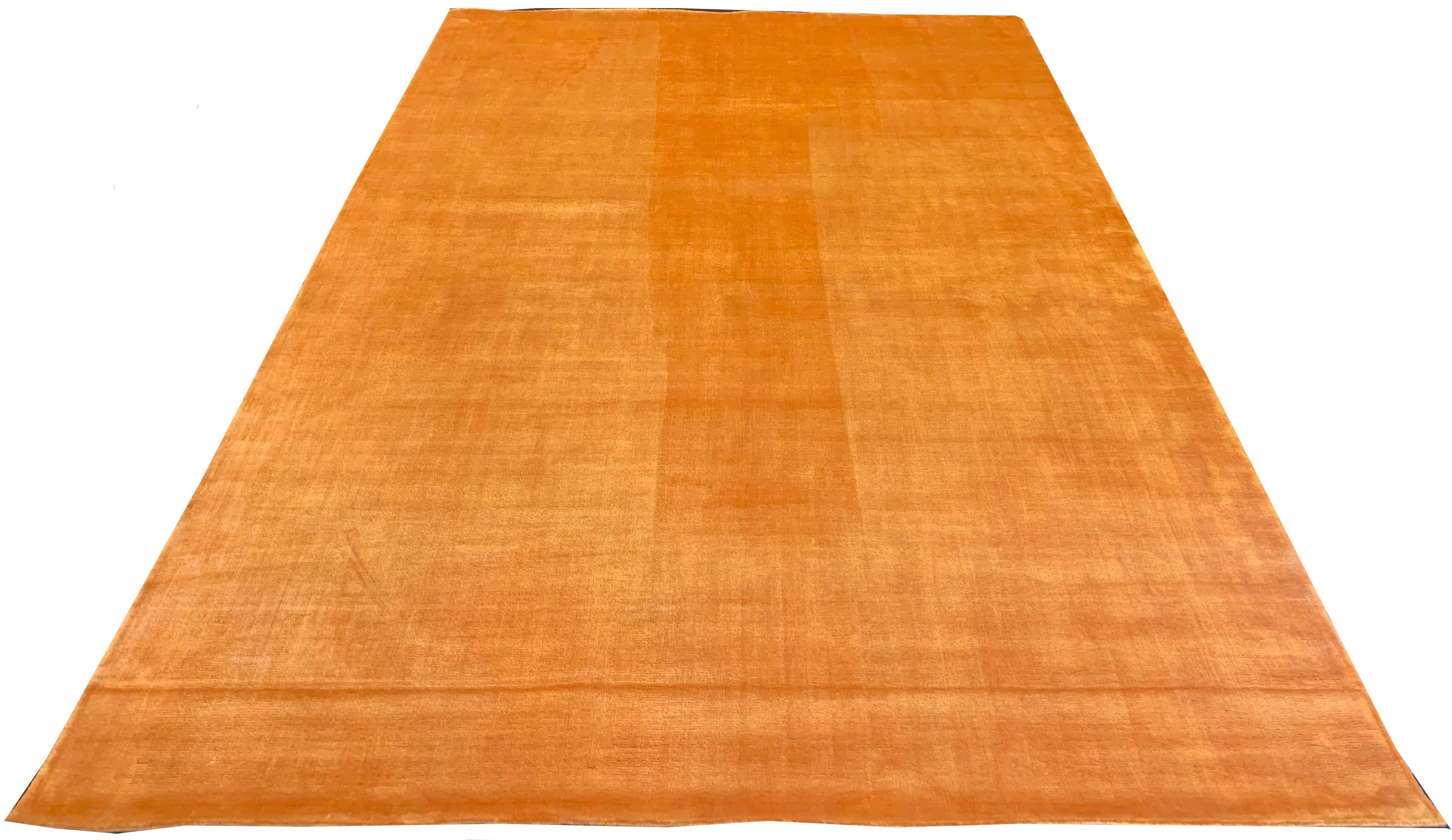 Lustrous handmade modern fire orange rug in 100% bamboo silk with a blazing metallic sheen #7770.