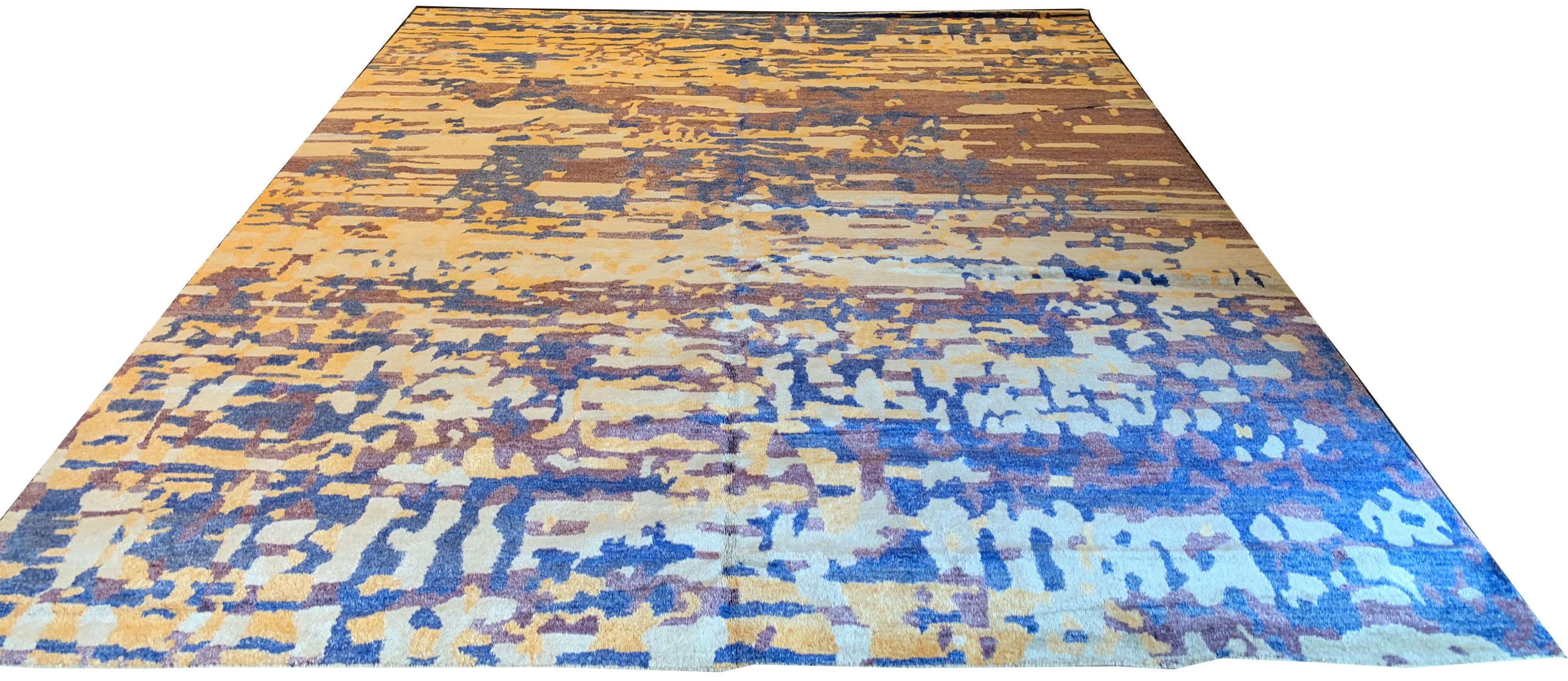 Lustrous handmade modern rug in 100% bamboo silk with horizontal strokes of mustard, brown, and grey #7816.