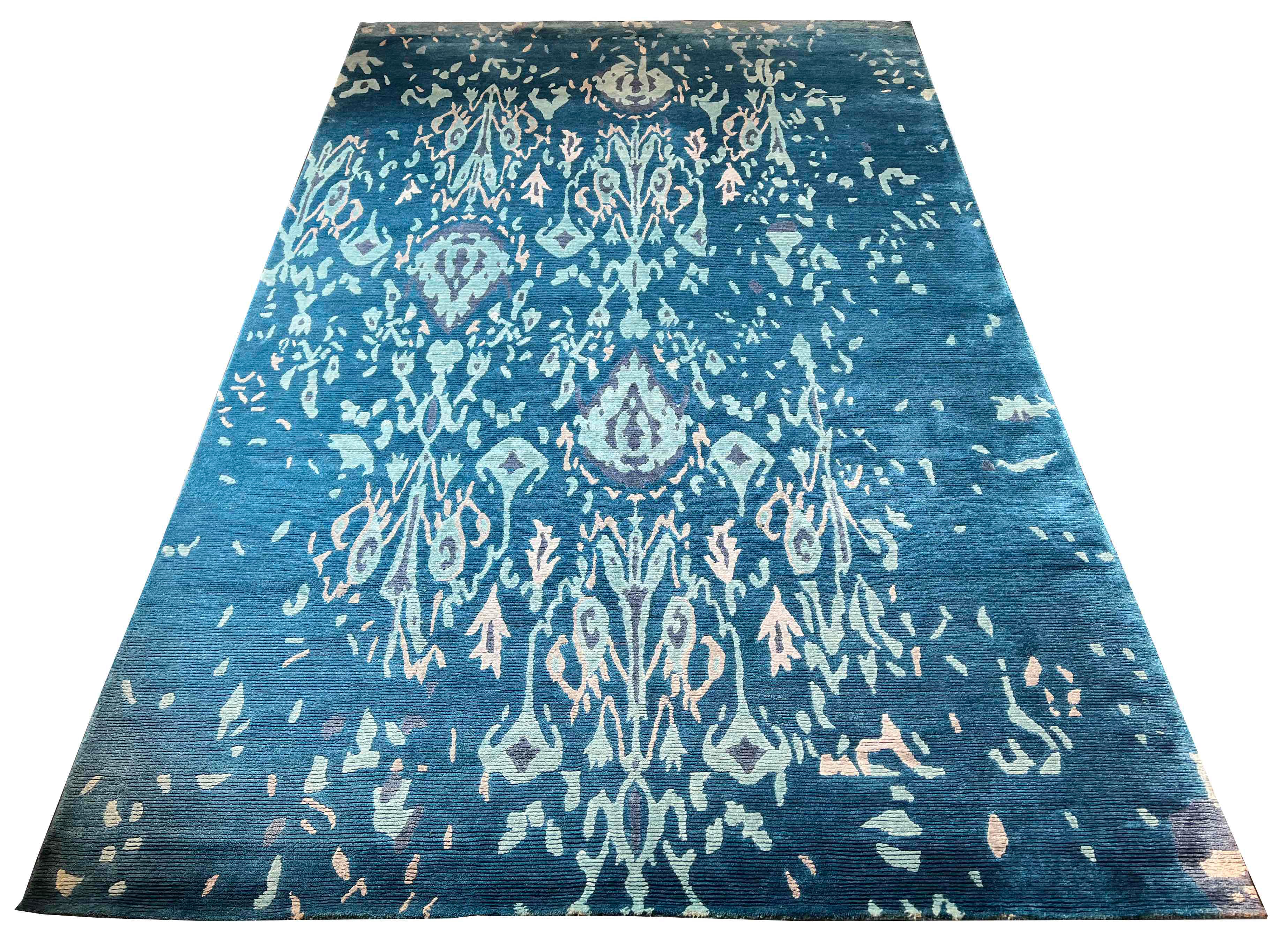 Shiny handmade modern blue rug made of 100% bamboo silk and wool with a pretty pattern #8080.