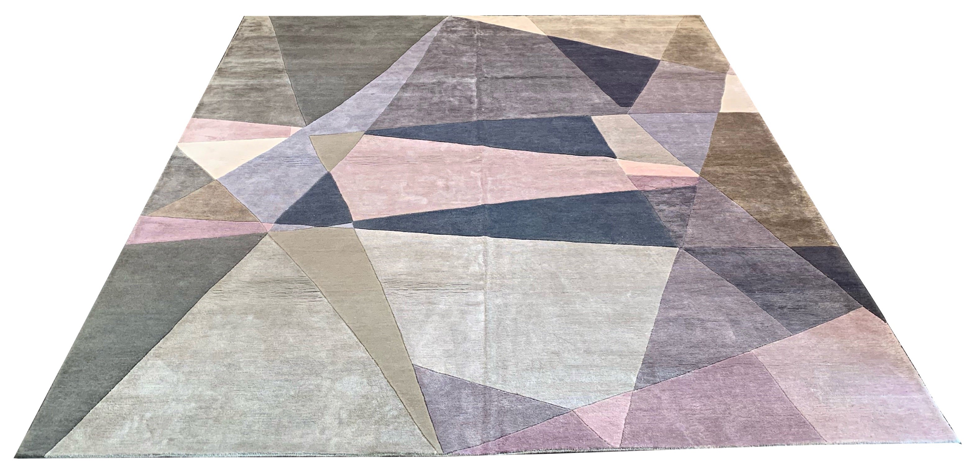 Shiny handmade modern geometric rug made of 60% bamboo silk and 40% wool with pink and purple shapes #8051.