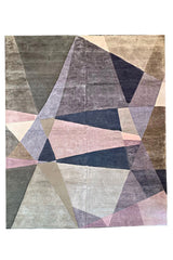 Shiny handmade modern geometric rug made of 60% bamboo silk and 40% wool with pink and purple shapes #8051.