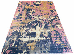 Hand-knotted modern abstract rug in 100% bamboo silk featuring shimmering pink and black painterly tones - #8050.