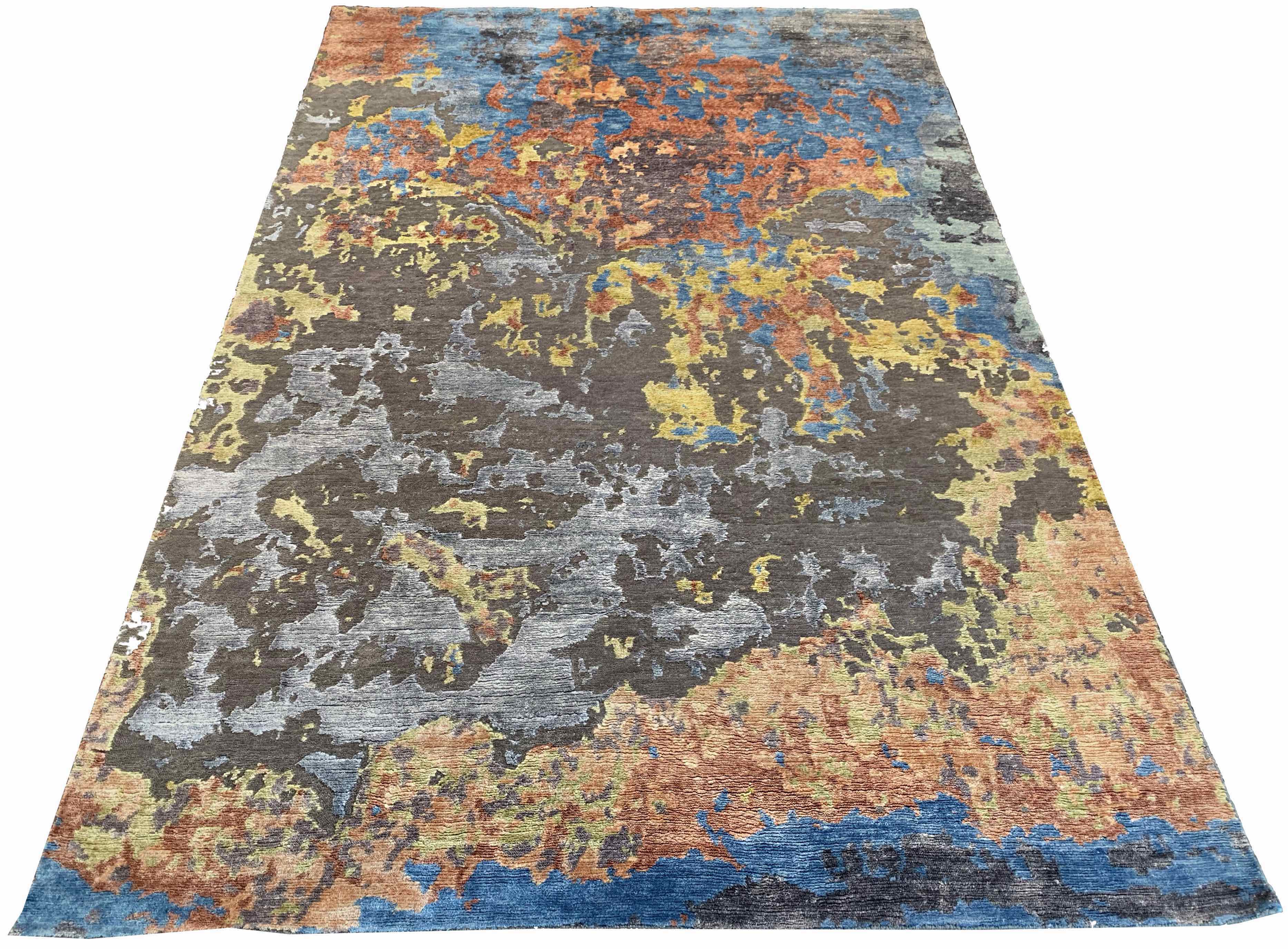 Hand-knotted modern abstract rug with a fluid painterly multi-color design in 60% bamboo silk and 40% wool - #8045.