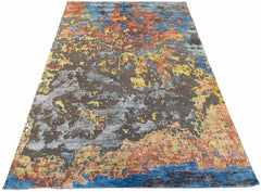 Hand-knotted modern abstract rug with a fluid painterly multi-color design in 60% bamboo silk and 40% wool - #8045.