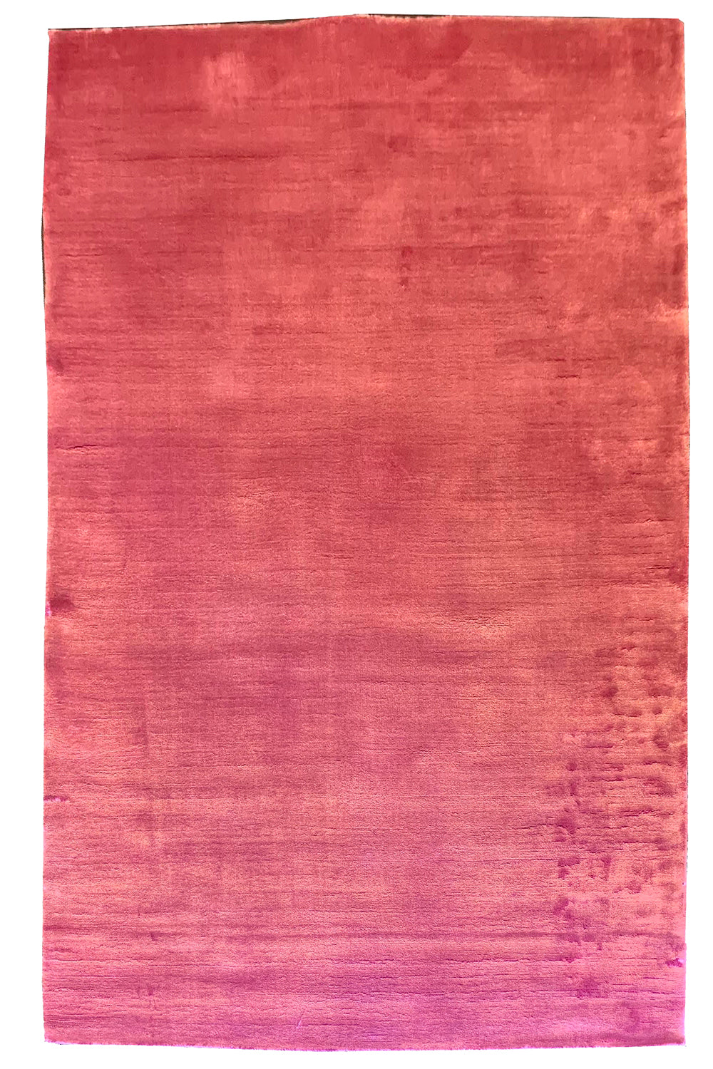 Flat lay top view of hand-knotted modern rug 7784; solid bubble gum pink in lustrous 100% bamboo silk.