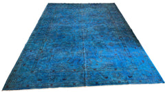 Lustrous handmade modern cerulean blue overdyed rug with a spectral floral pattern and saturated sapphire finish #6649.