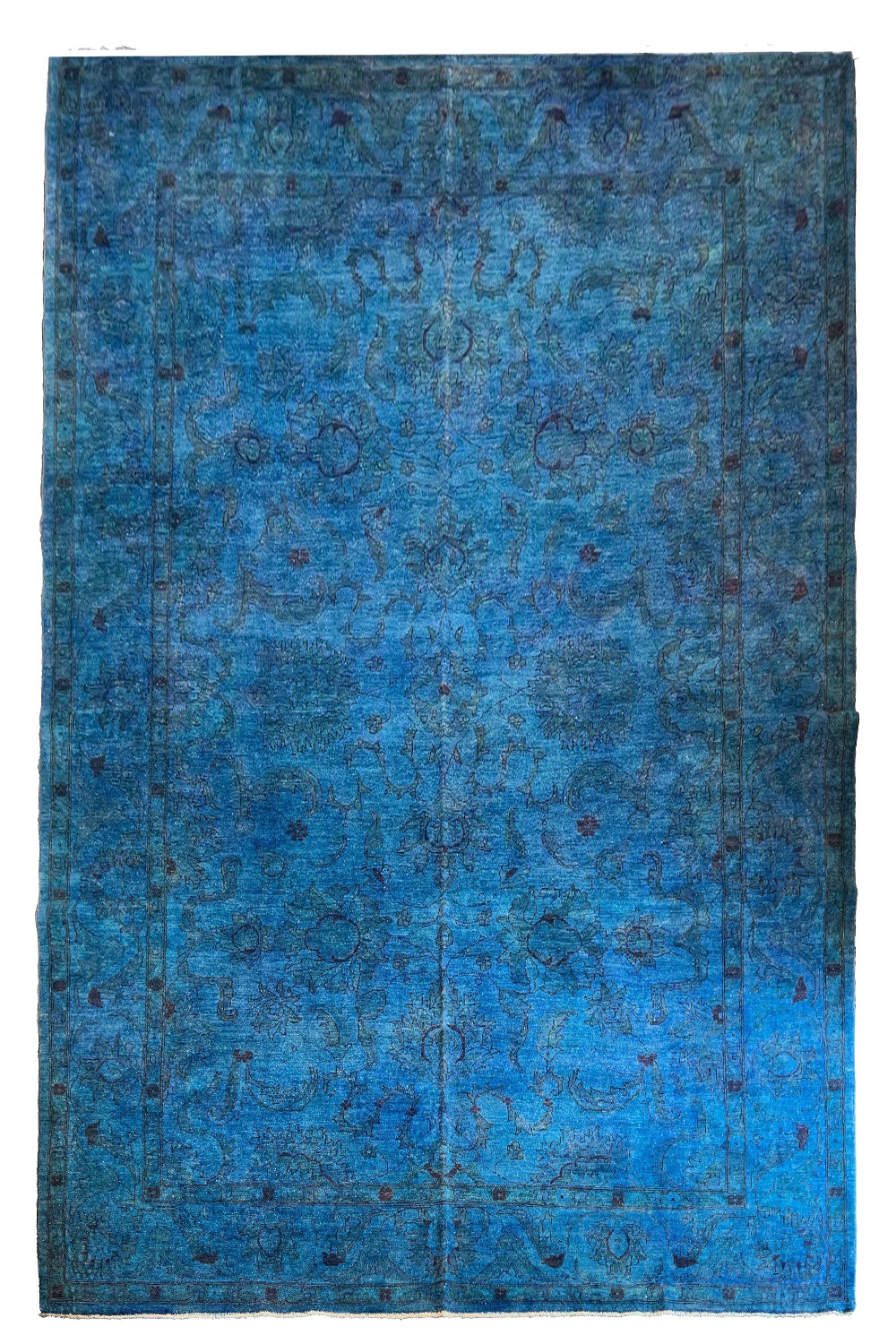 Lustrous handmade modern cerulean blue overdyed rug with a spectral floral pattern and saturated sapphire finish #6649.