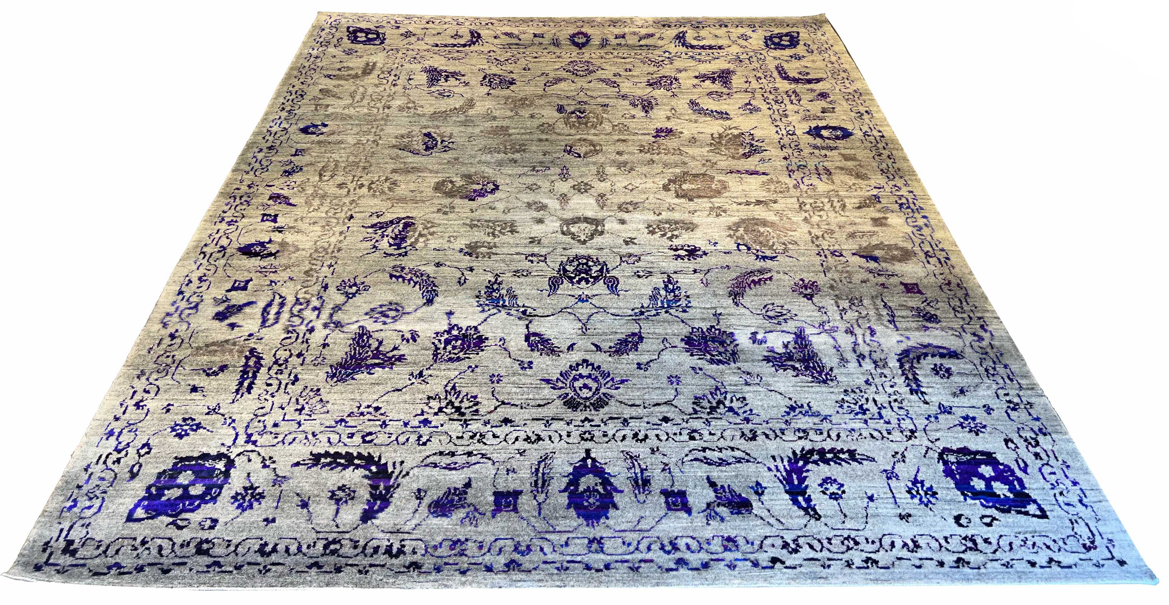 Lustrous handmade modern gray overdyed rug with a ghosted vintage pattern and distressed charcoal finish #8073.