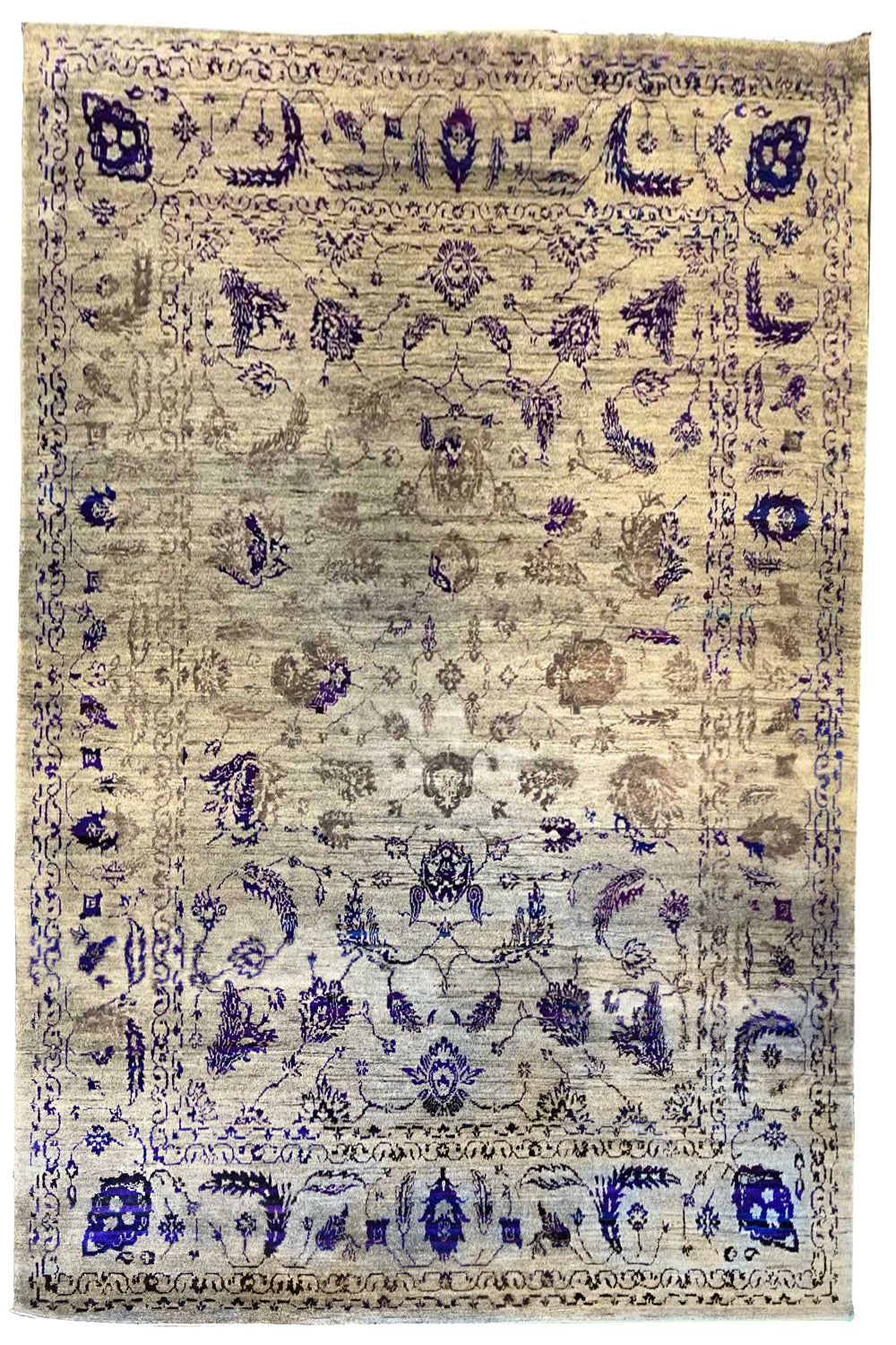 Lustrous handmade modern gray overdyed rug with a ghosted vintage pattern and distressed charcoal finish #8073.