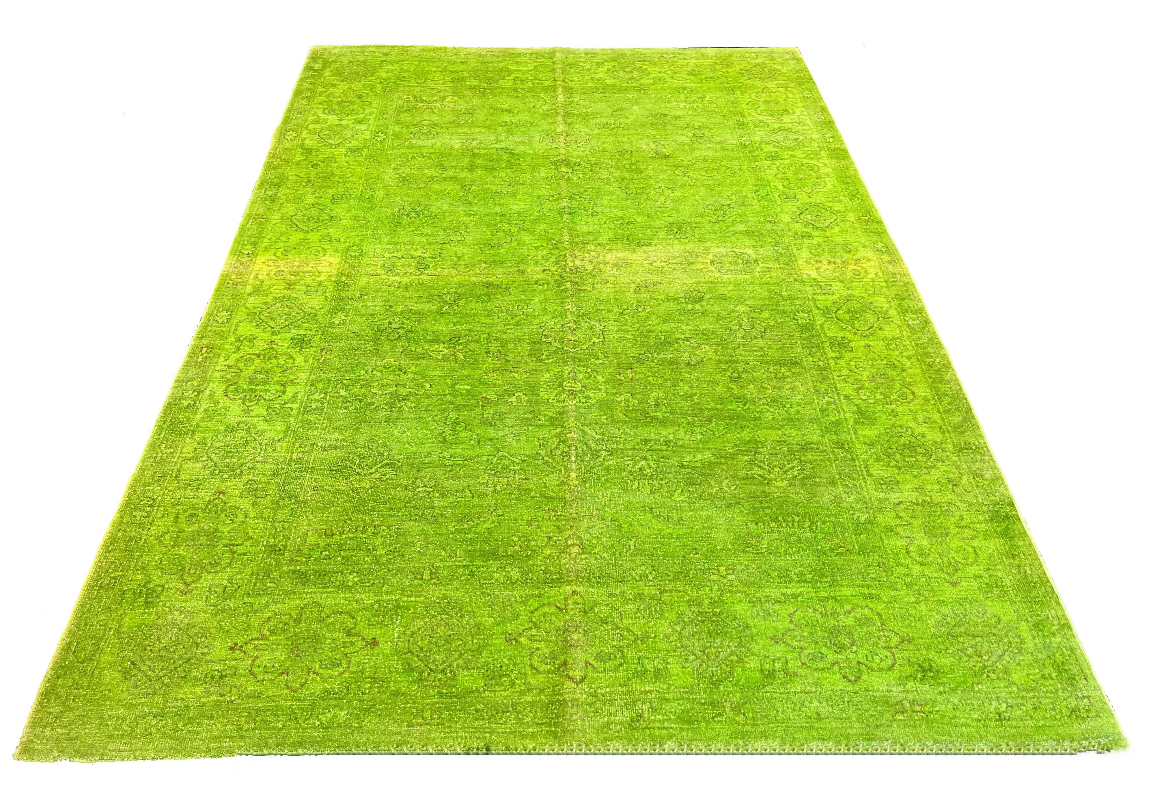 Lustrous handmade modern lime green overdyed rug with a saturated chartreuse finish and distressed traditional motifs #5208.