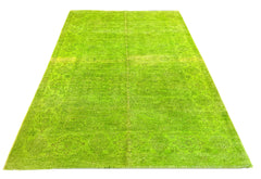 Lustrous handmade modern lime green overdyed rug with a saturated chartreuse finish and distressed traditional motifs #5208.