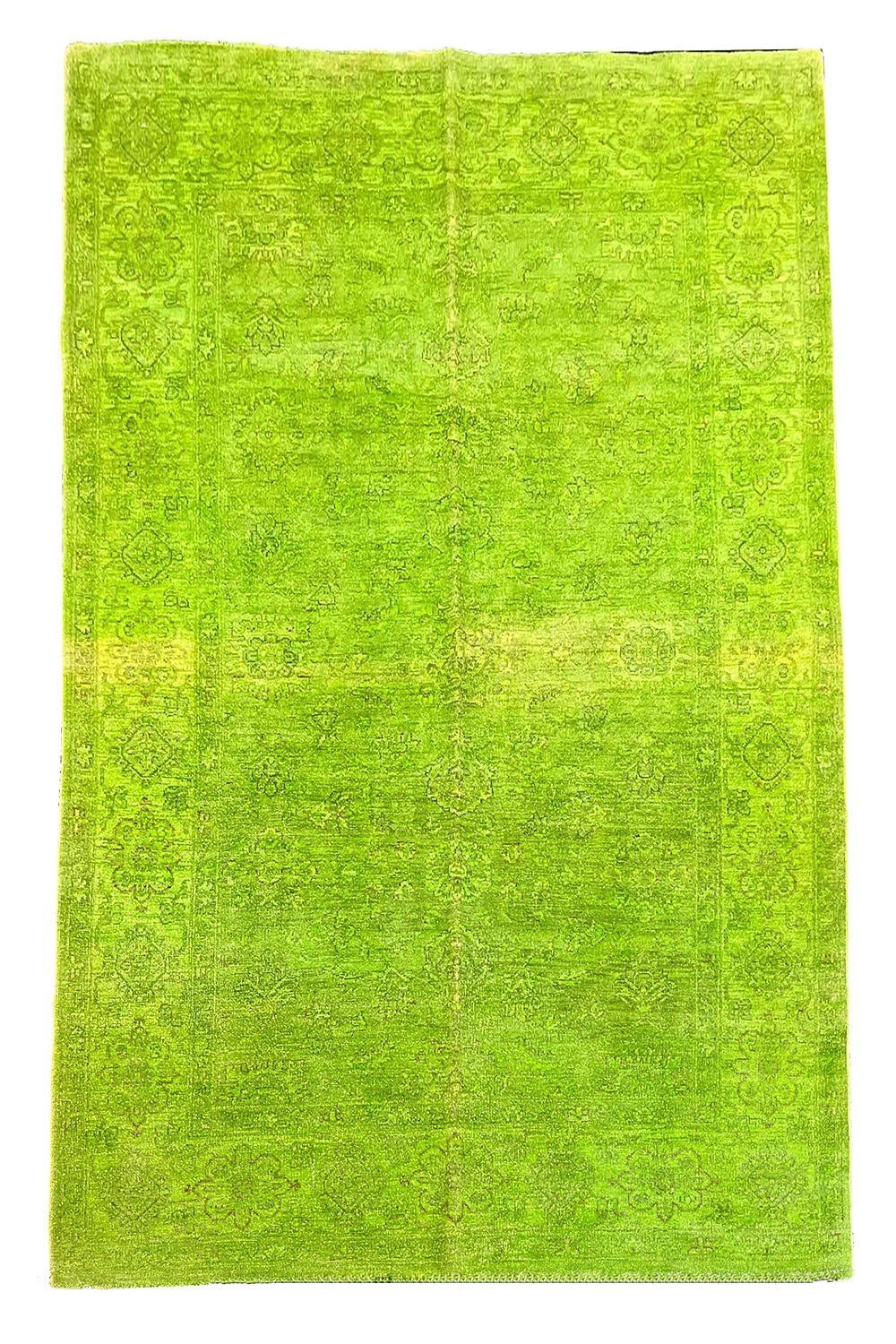 Lustrous handmade modern lime green overdyed rug with a saturated chartreuse finish and distressed traditional motifs #5208.