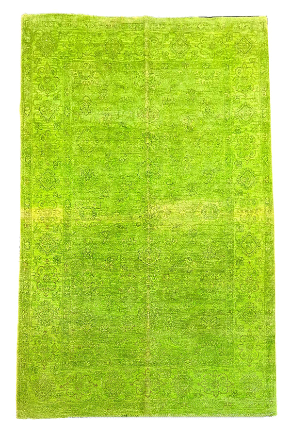 Lustrous handmade modern lime green overdyed rug with a saturated chartreuse finish and distressed traditional motifs #5208.