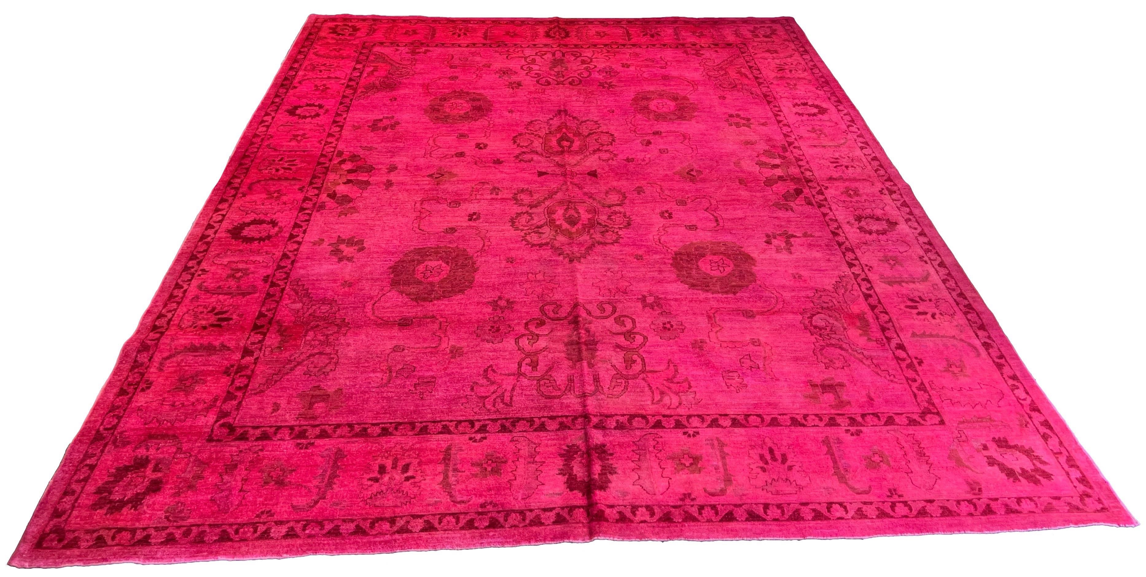 Lustrous handmade modern magenta pink overdyed rug with a saturated fuchsia finish and traditional motifs #5497.
