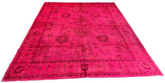 Lustrous handmade modern magenta pink overdyed rug with a saturated fuchsia finish and traditional motifs #5497.