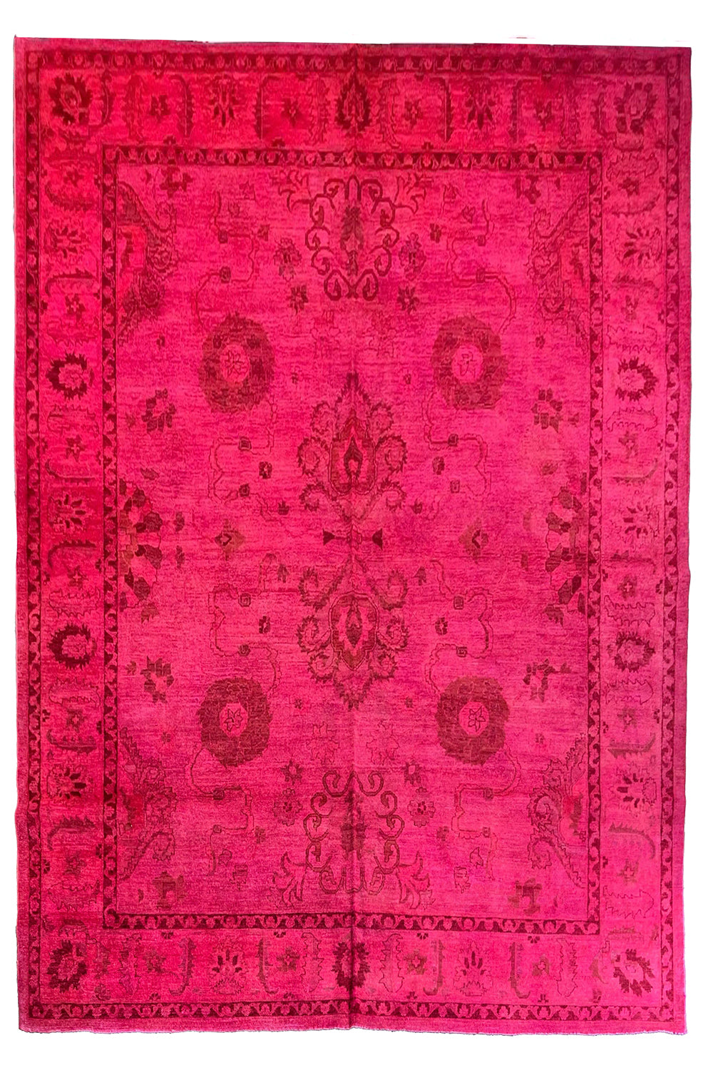 Lustrous handmade modern magenta pink overdyed rug with a saturated fuchsia finish and traditional motifs #5497.