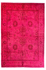 Lustrous handmade modern magenta pink overdyed rug with a saturated fuchsia finish and traditional motifs #5497.