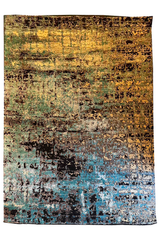 Hand-knotted modern expressionist rug with artistic multi-color patterns in 60% bamboo silk and 40% wool - #YM-A-88.
