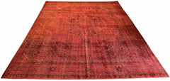 Lustrous handmade modern red Persian overdyed rug with a saturated crimson finish and ghosted traditional motifs #5301.