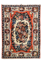 Flat lay top view of hand-knotted Moldavian rug 7569; dark field with vibrant rose floral bouquets in pink and green wool.