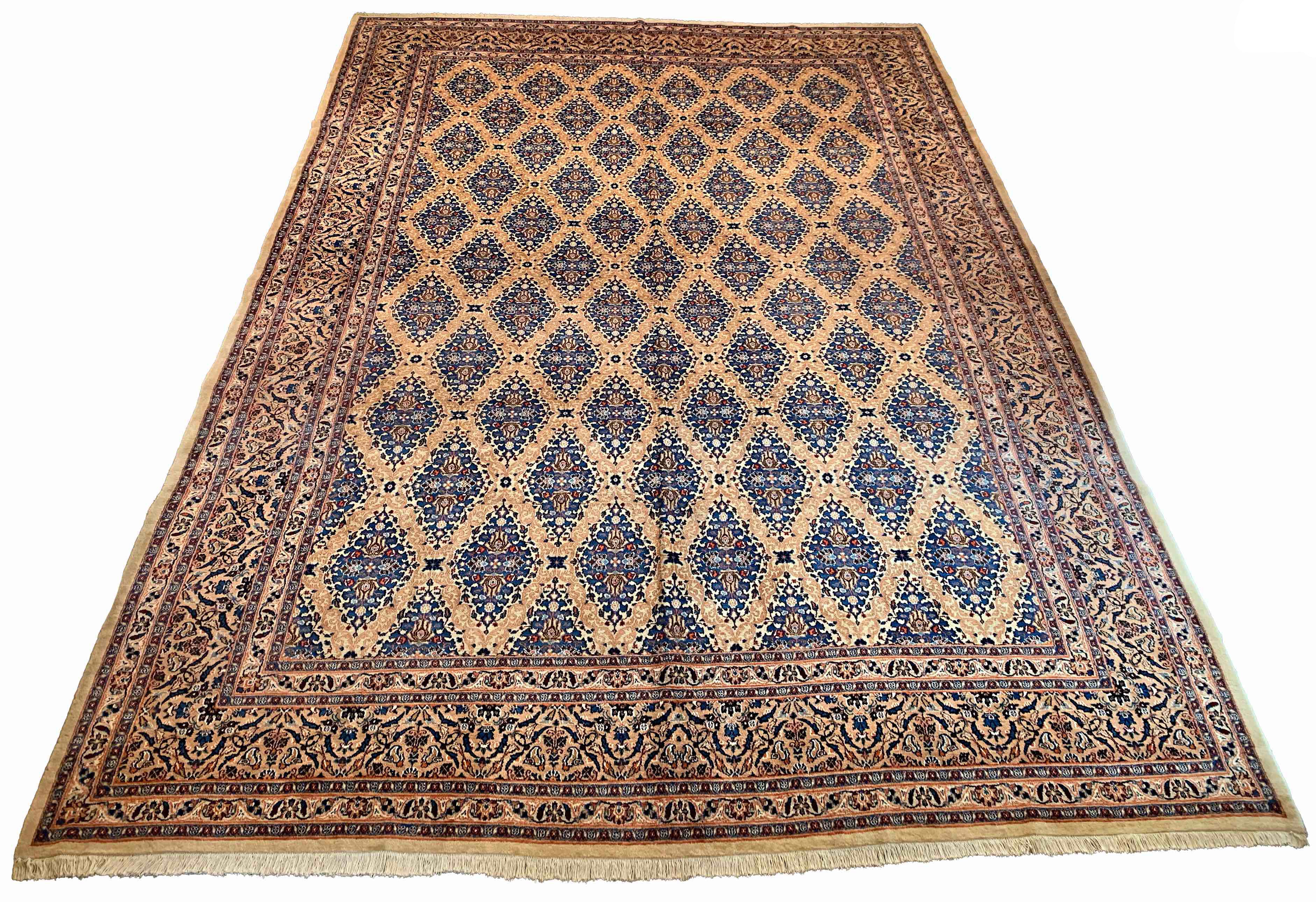 Hand-knotted Mood rug with 100% wool on a cotton base featuring a dense repeating indigo diamond pattern - #7603.