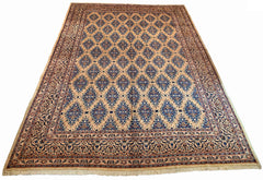 Hand-knotted Mood rug with 100% wool on a cotton base featuring a dense repeating indigo diamond pattern - #7603.